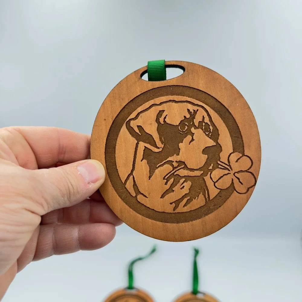 Set of 4 Retriever Dog Wood Ornaments St Patricks Day Clover Laser Engraved 3.5